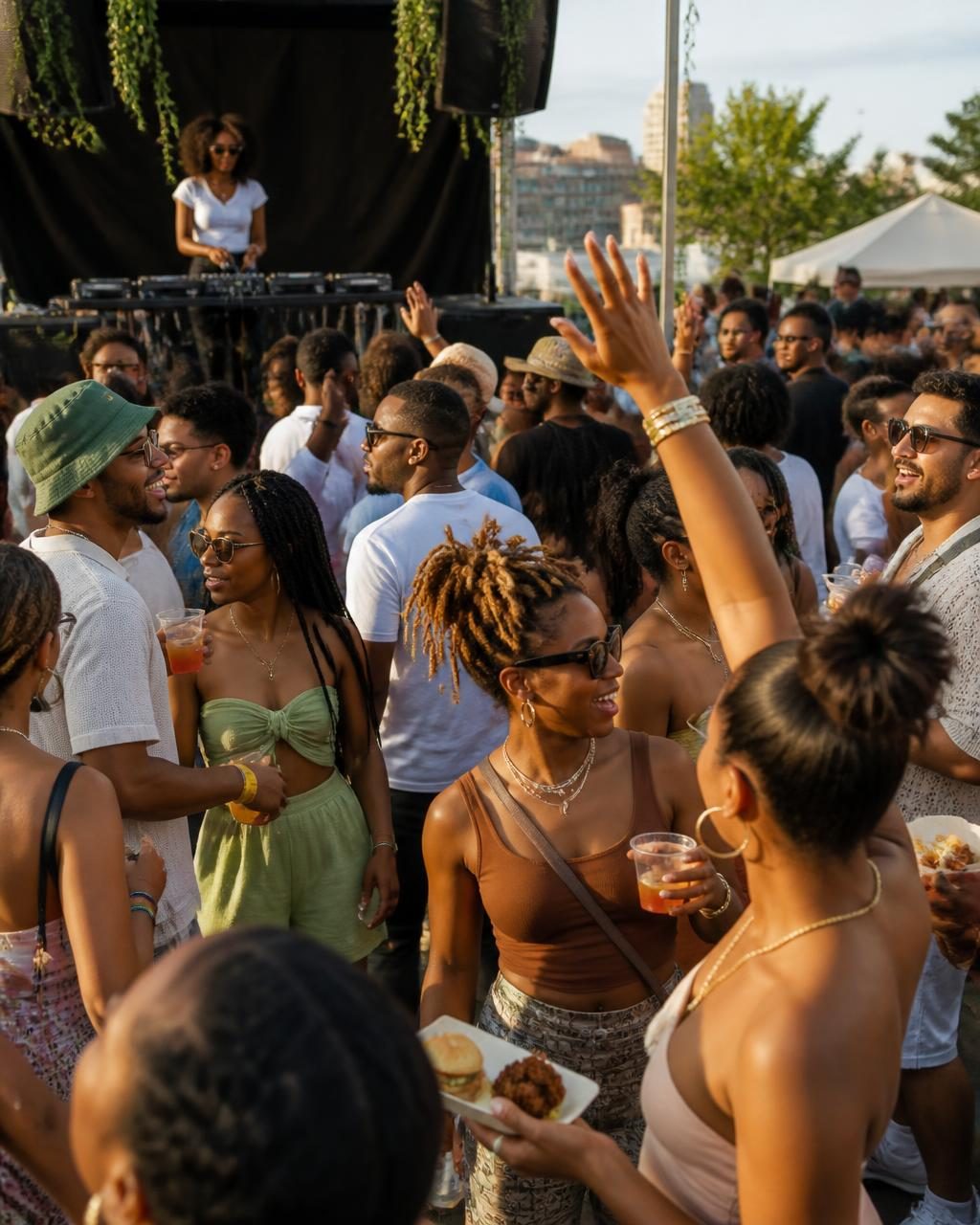 Stylish crowd dancing with cocktails and food in front of a DJ on a daytime festival stage in New York City