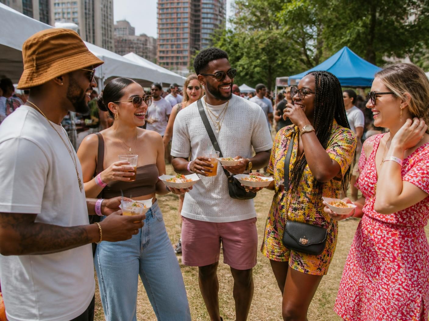 Friends standing together at an outdoor NYC festival, eating from small trays and holding cocktails